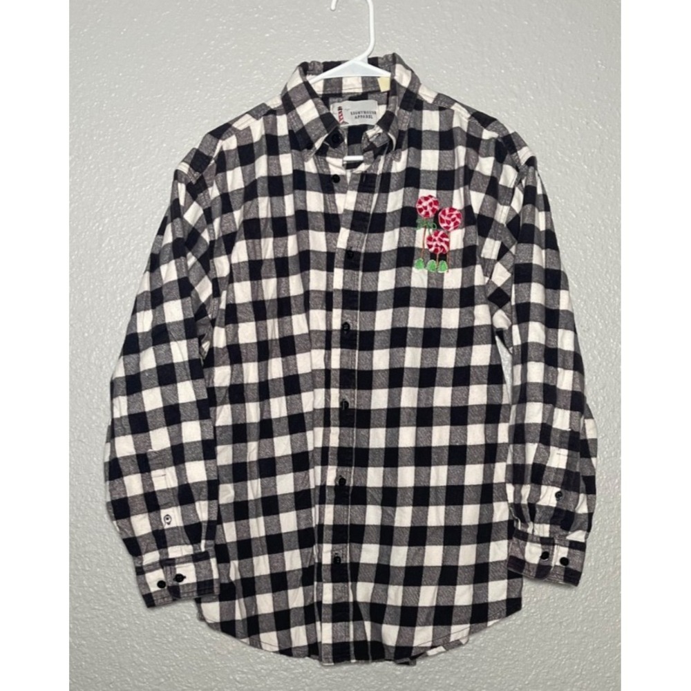 Lighthouse Apparel Flannel Shirt XL Black White Check Holiday Embroidered Candy